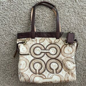 COACH AUDREY BROWN BEIGE OP ART SIGNATURE CANVAS SWIRL LEATHER TOTE BAG